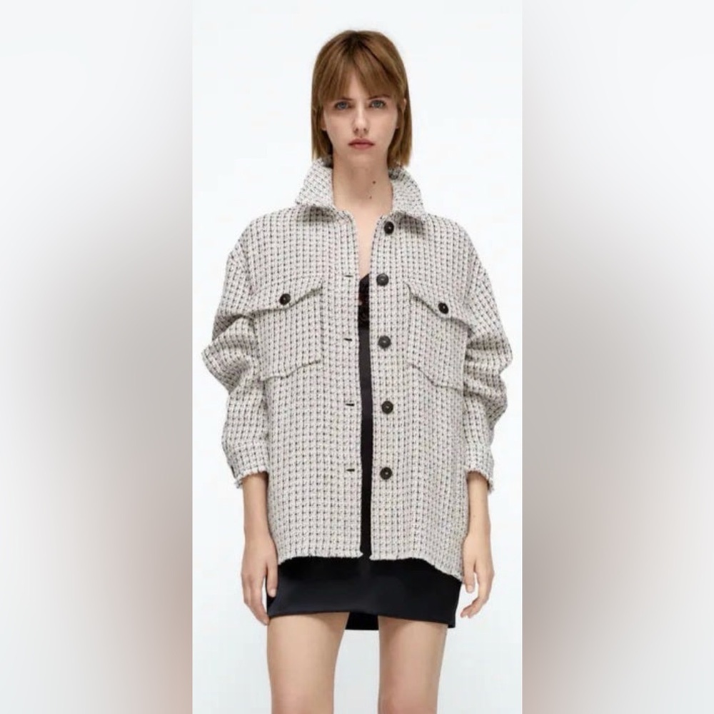 Zara Cream and Black Textured Oversized Bomber Jacket
